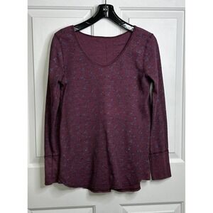 Free People Waffle Thermal Shirt Womens Large Long Sleeve Floral Burgundy + Blue